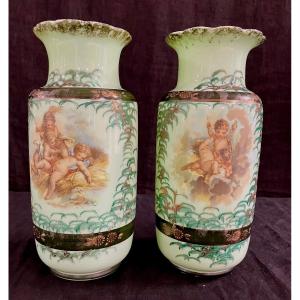 Pair Of Green Opaline Vases With Angel Decor