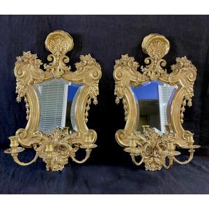 Pair Of Bronze Wall Sconces With Mirrors