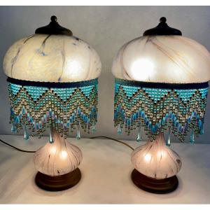 Pair Of Suberville Glass Paste Lamps