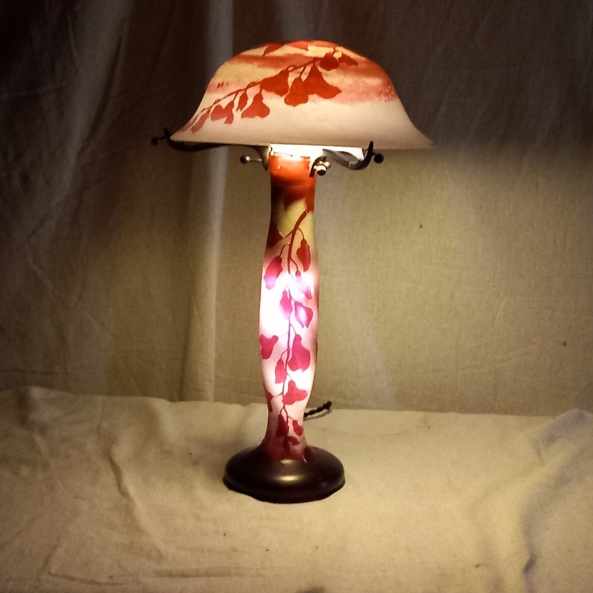 "mushroom" Lamp With Foxgloves, 'art Nouveau' Period Glass Paste Signed "schneider".-photo-2