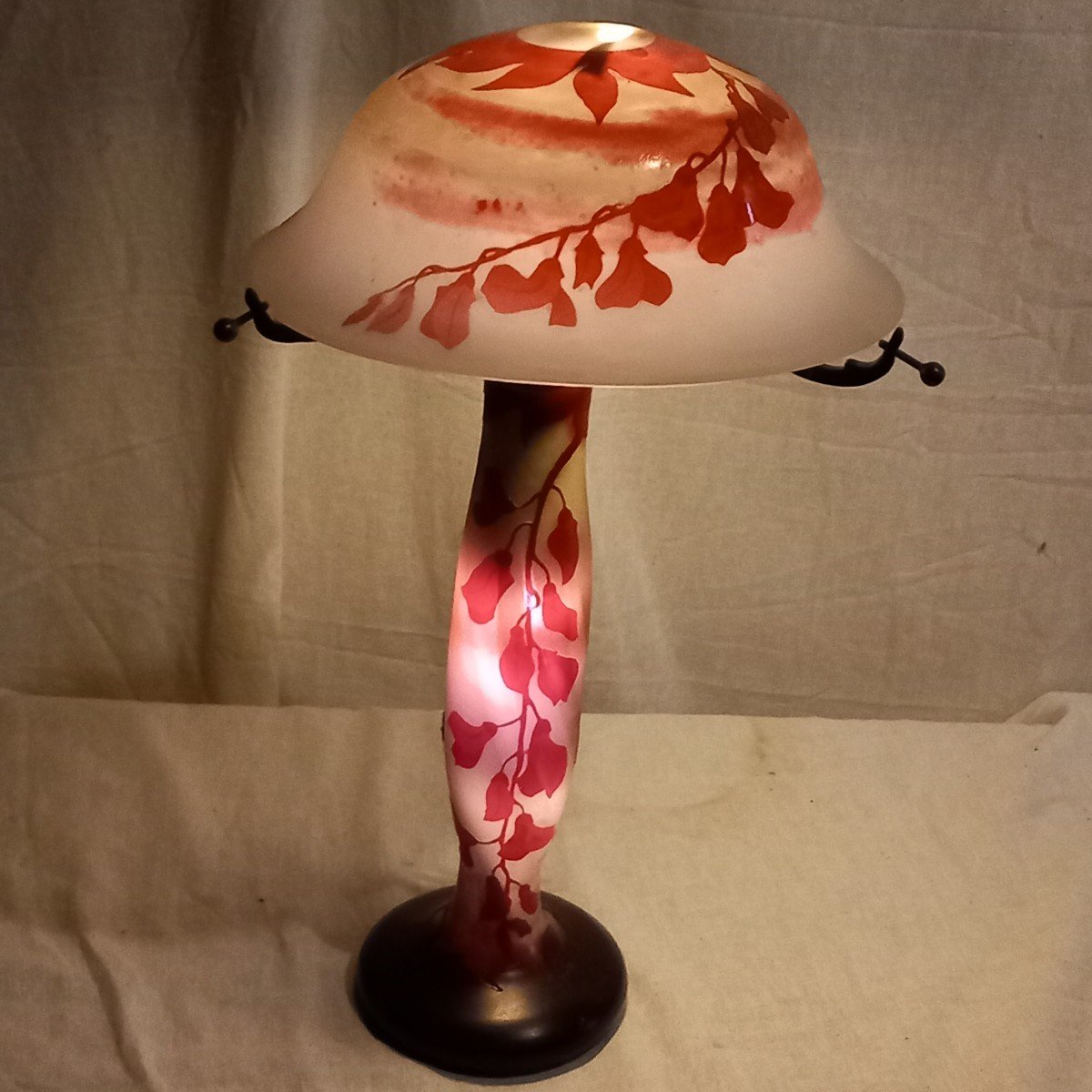 "mushroom" Lamp With Foxgloves, 'art Nouveau' Period Glass Paste Signed "schneider".-photo-3