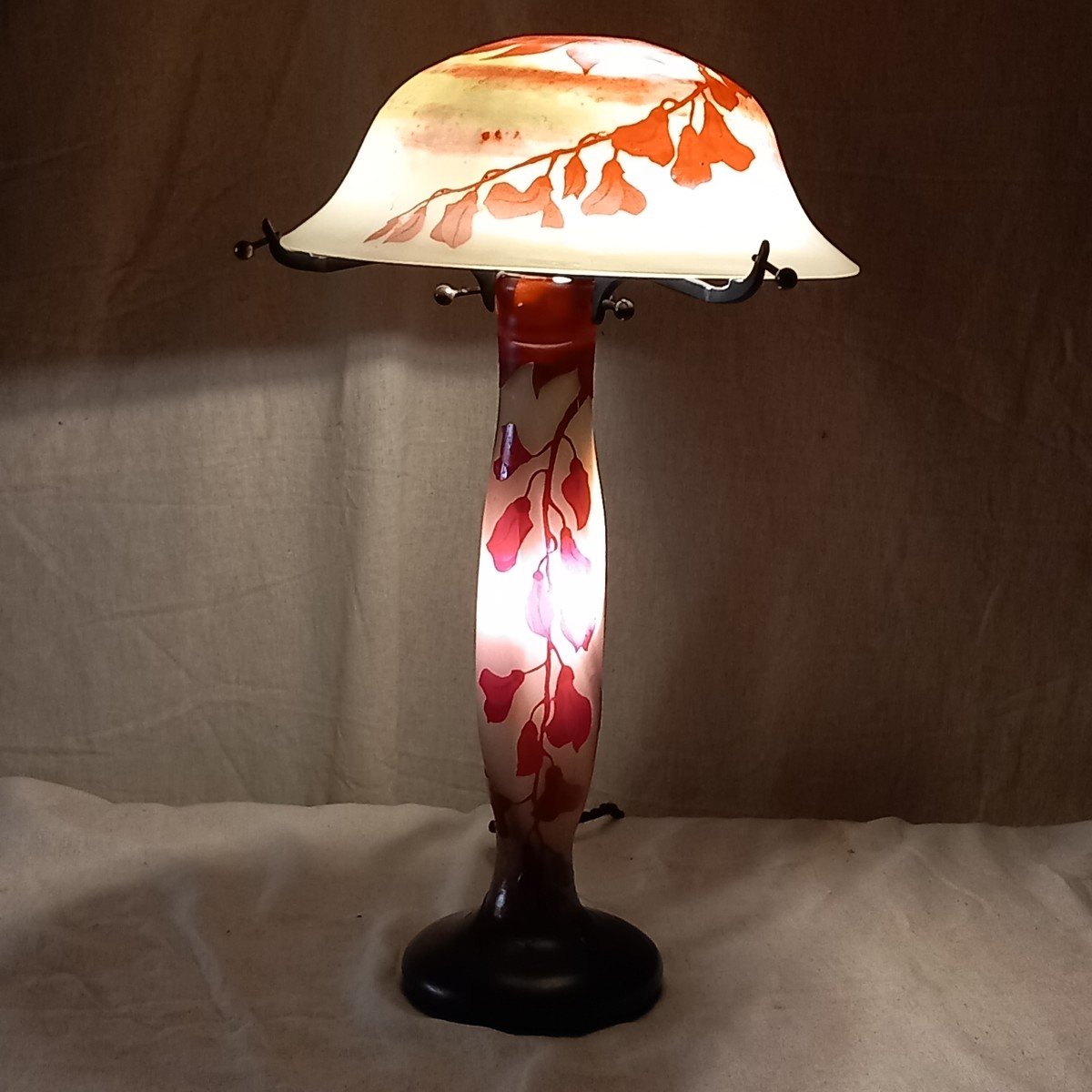 "mushroom" Lamp With Foxgloves, 'art Nouveau' Period Glass Paste Signed "schneider".-photo-4