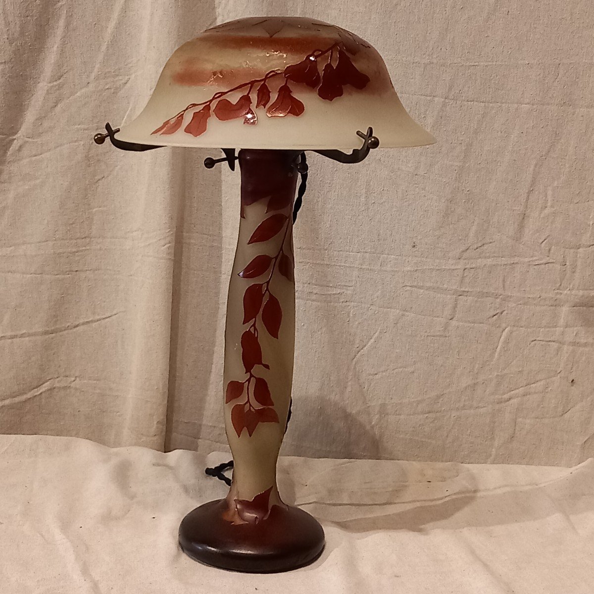 "mushroom" Lamp With Foxgloves, 'art Nouveau' Period Glass Paste Signed "schneider".-photo-1