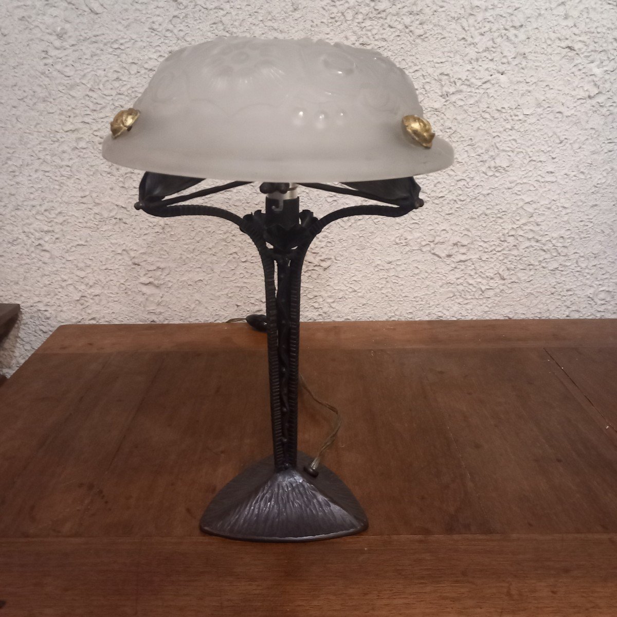 Lampe fer forgé et pâte de verre, début 20ème.-photo-3