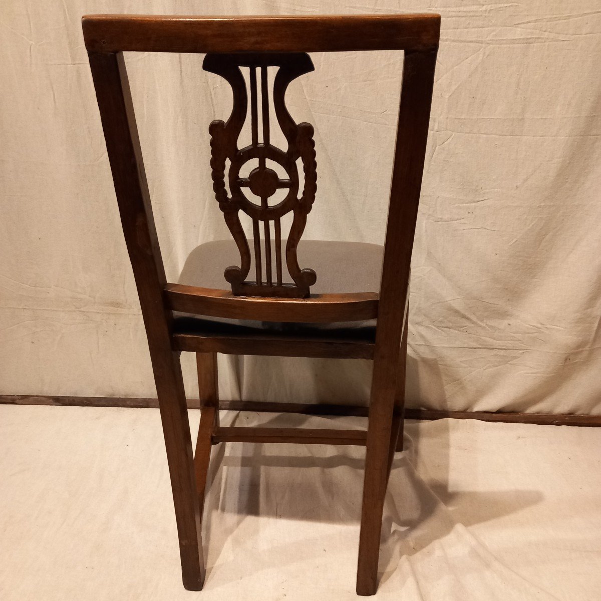 Set Of Six "lyre" Chairs, Restoration Period, In Walnut.-photo-4