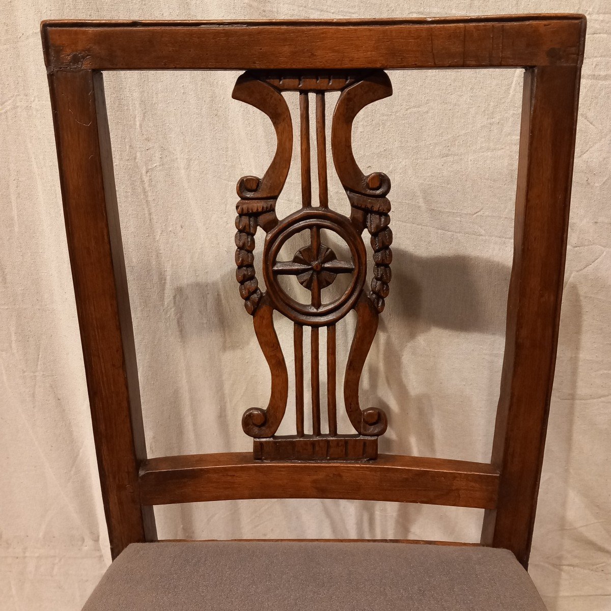 Set Of Six "lyre" Chairs, Restoration Period, In Walnut.-photo-2