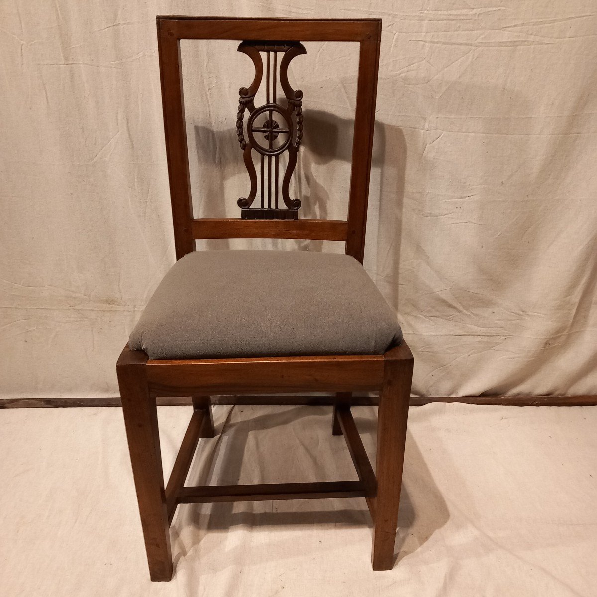 Set Of Six "lyre" Chairs, Restoration Period, In Walnut.-photo-3