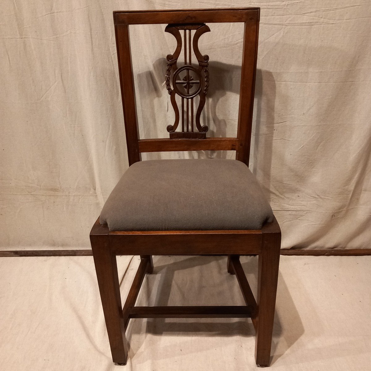 Set Of Six "lyre" Chairs, Restoration Period, In Walnut.-photo-4