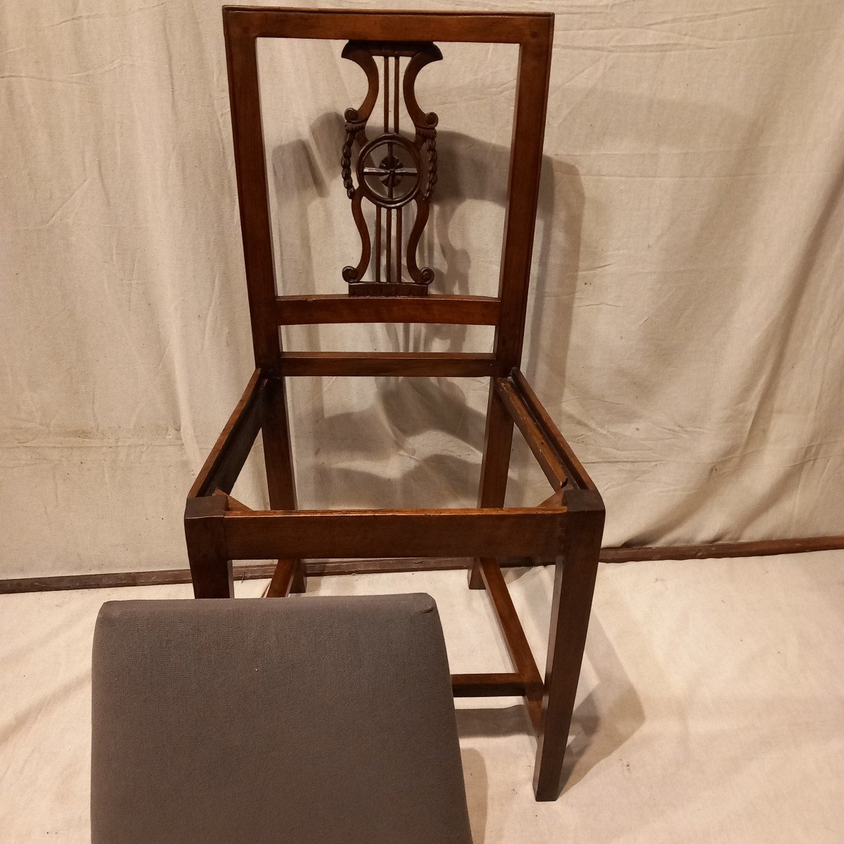 Set Of Six "lyre" Chairs, Restoration Period, In Walnut.-photo-5