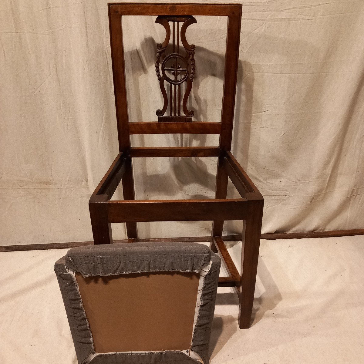 Set Of Six "lyre" Chairs, Restoration Period, In Walnut.-photo-6