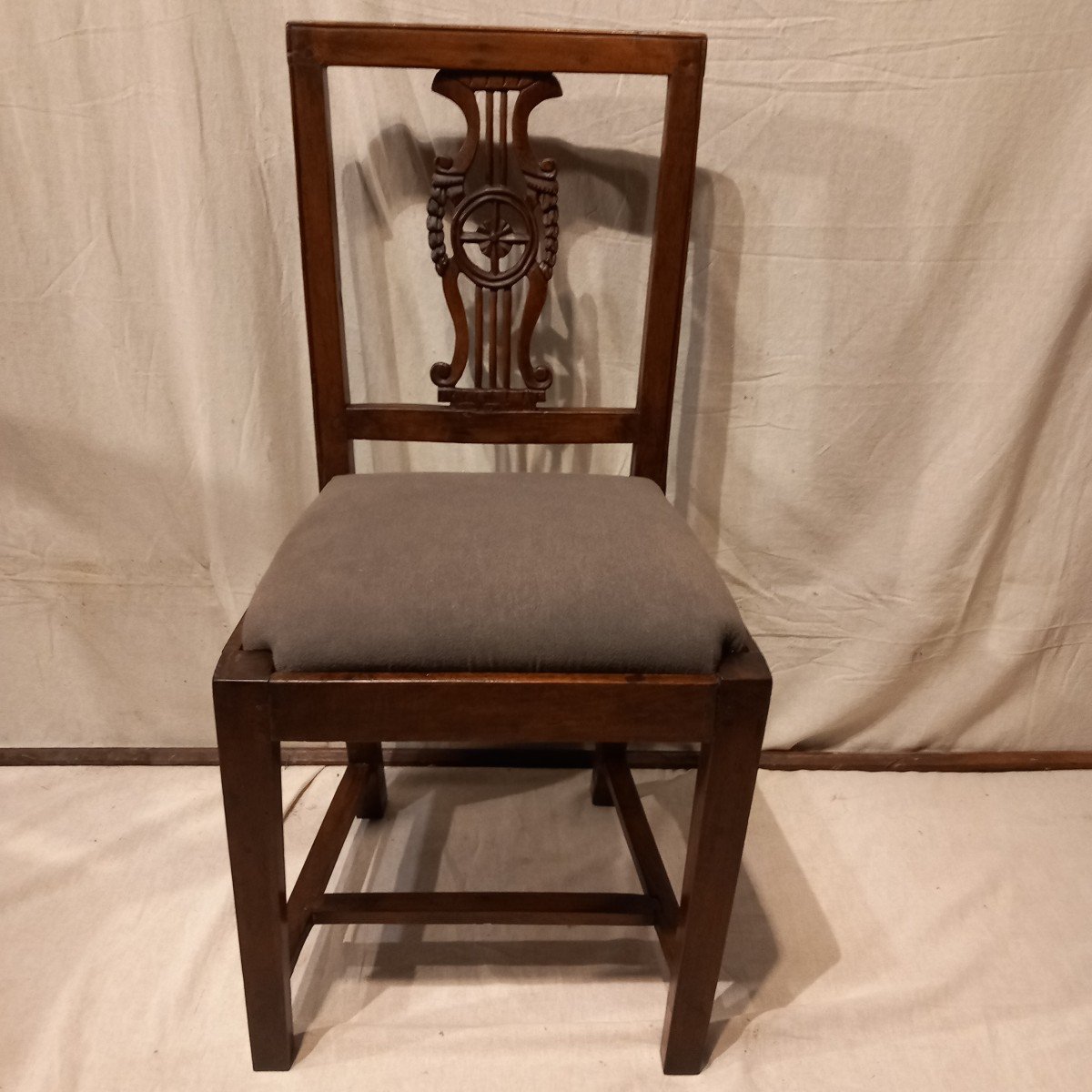 Set Of Six "lyre" Chairs, Restoration Period, In Walnut.-photo-7