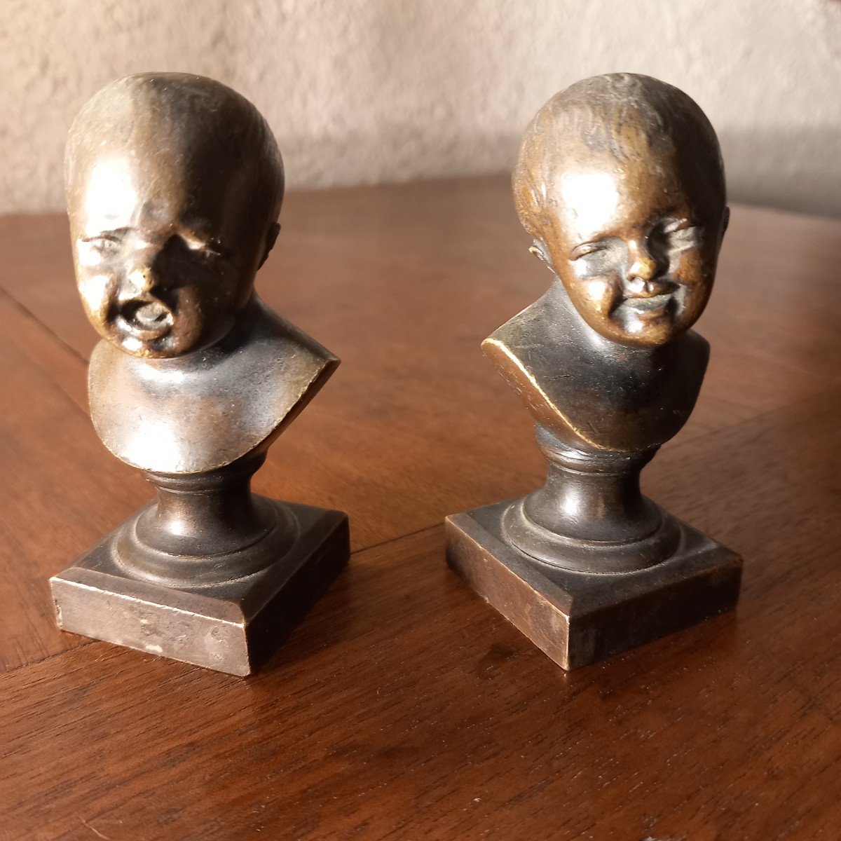 Two Small Bronze Subjects: "jean Who Laughs" And Jean Who Cries", After Jean Antoine Houdon.