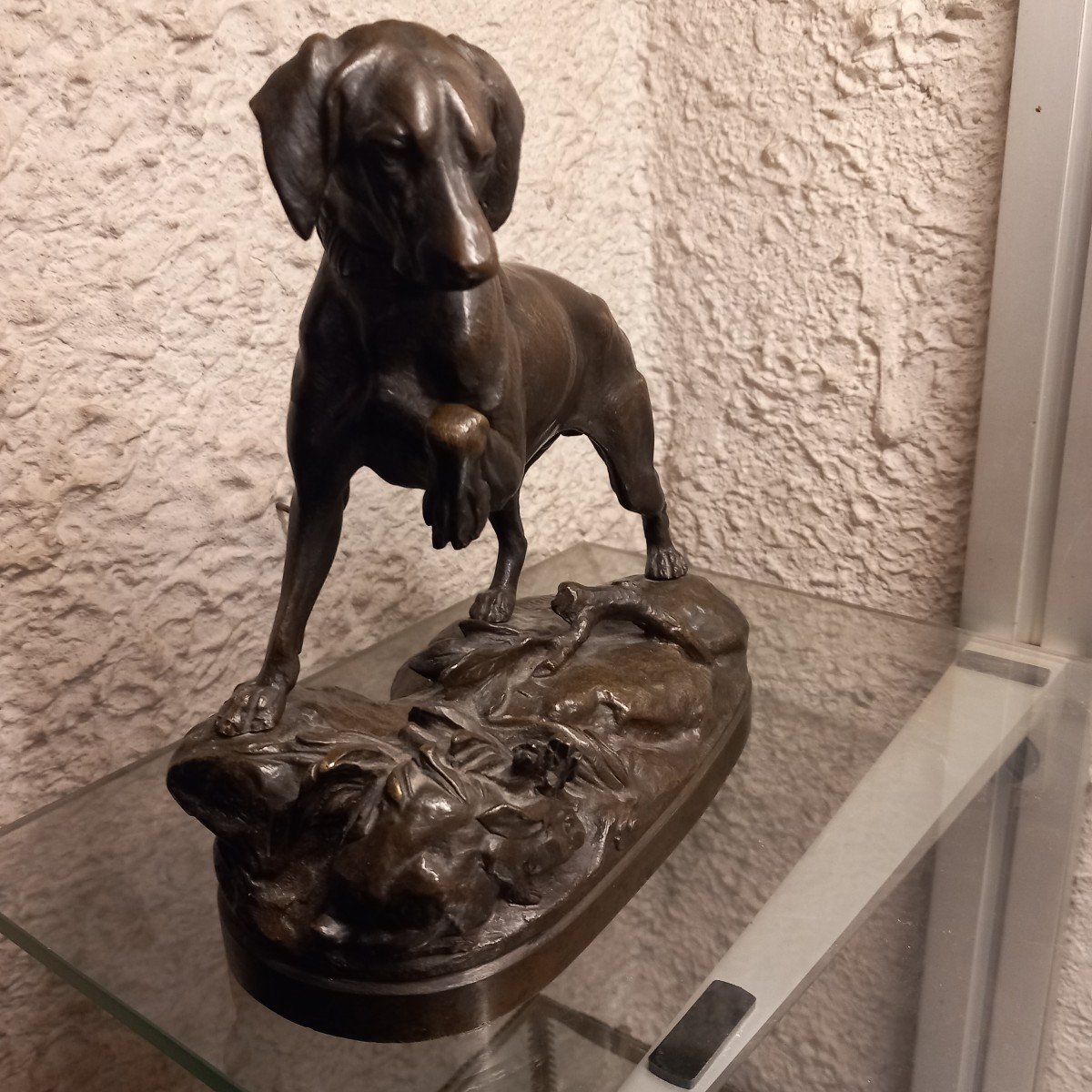 Sujet bronze "chien à l'arrêt levant un lièvre" signé 'LECOURTIER'-photo-2