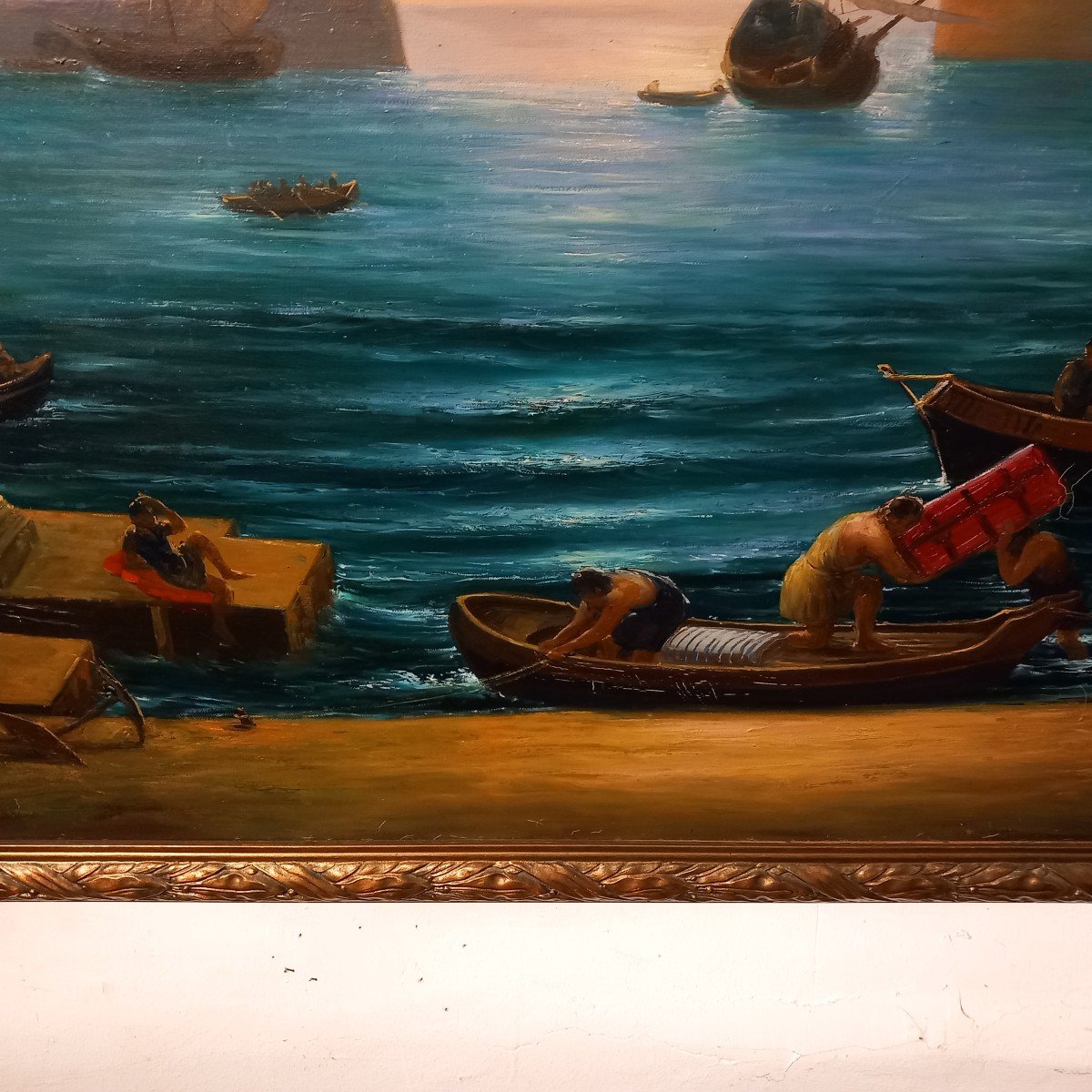 Grande huile sur toile "Port romain à l'antique", Ecole française 20ème.-photo-2