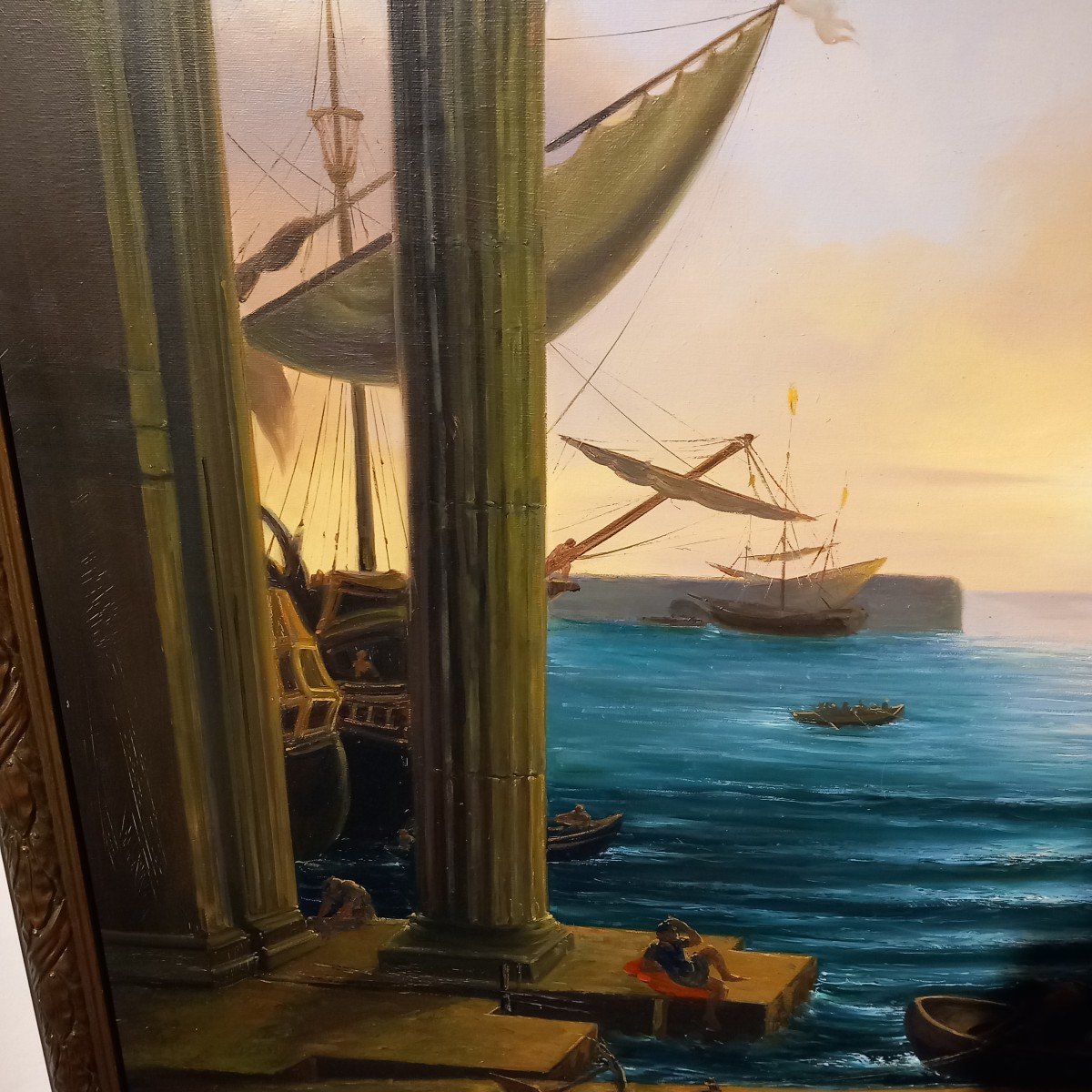 Grande huile sur toile "Port romain à l'antique", Ecole française 20ème.-photo-4