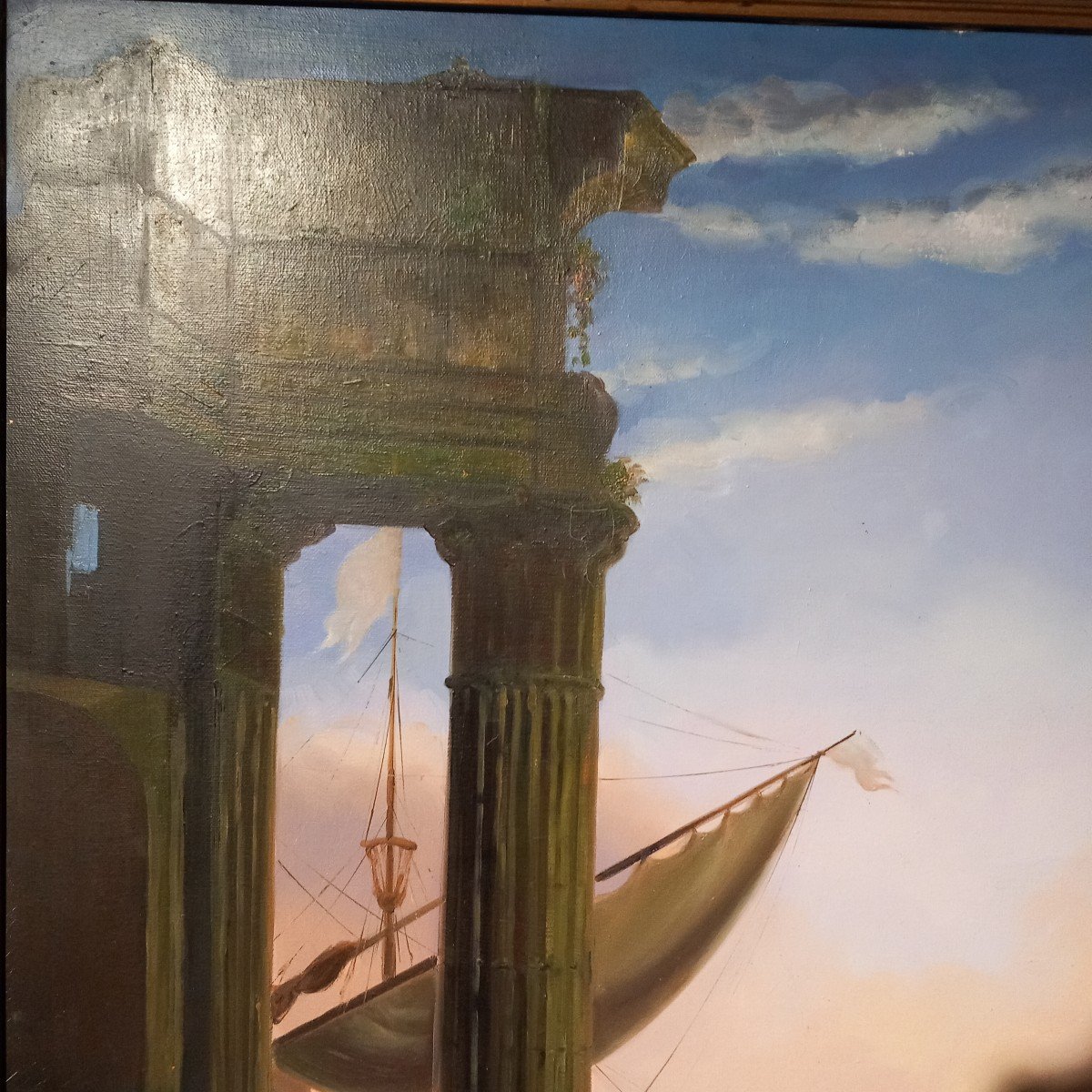 Grande huile sur toile "Port romain à l'antique", Ecole française 20ème.-photo-1