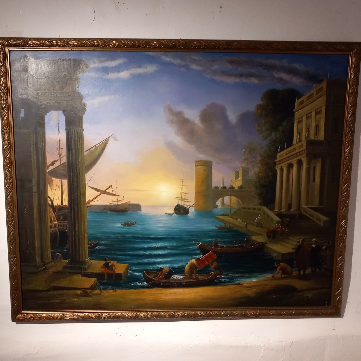 Grande huile sur toile "Port romain à l'antique", Ecole française 20ème.