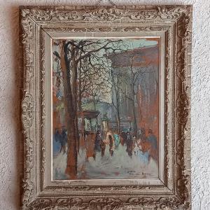 Huile sur toile "Place parisienne animée", signée 'Jacques Van den Bussche'