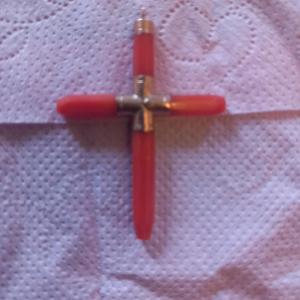Small Cross Pendant, In Coral And Gold. Early 20th Century.
