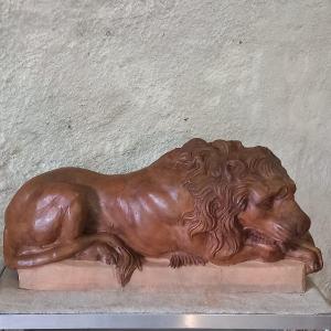 Large Terracotta Subject "lion At Rest", 19th Century.