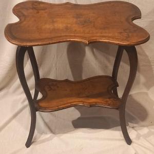 Art Nouveau Tea Table. Decorated And Pyrographed Wood.