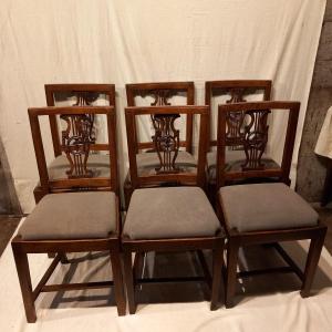 Set Of Six "lyre" Chairs, Restoration Period, In Walnut.