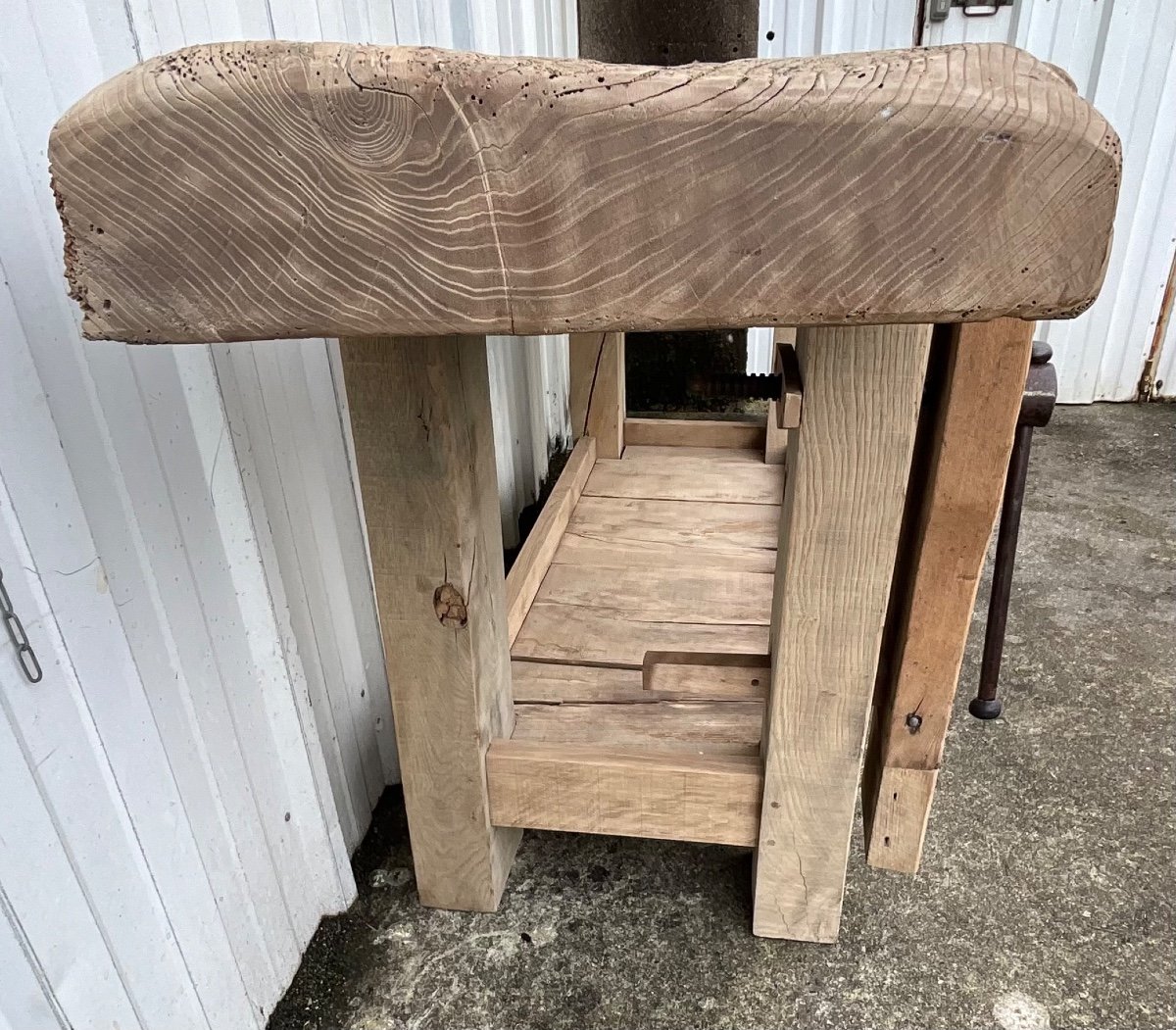 Antique French Carpenter's Workbench Oak And Ash Work Table With Press And Shelf-photo-2