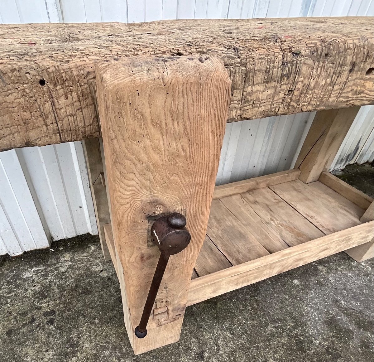 Antique French Carpenter's Workbench Oak And Ash Work Table With Press And Shelf-photo-4