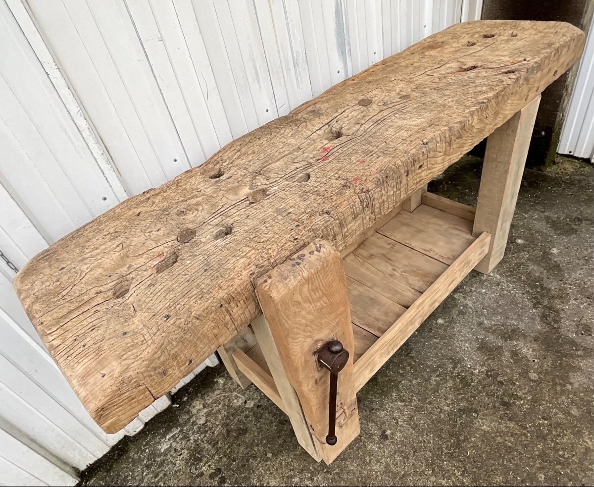 Antique French Carpenter's Workbench Oak And Ash Work Table With Press And Shelf-photo-2