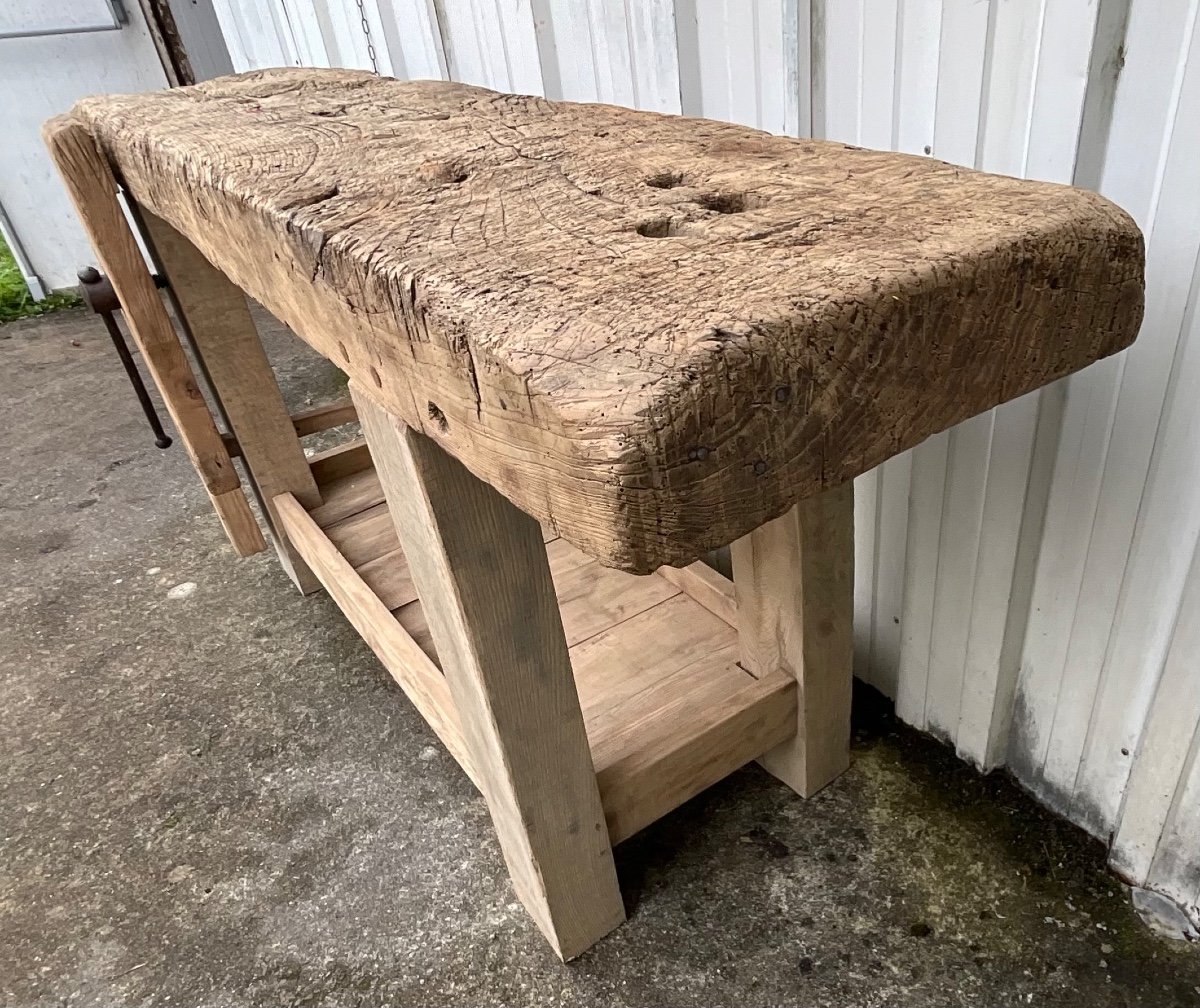 Antique French Carpenter's Workbench Oak And Ash Work Table With Press And Shelf-photo-5