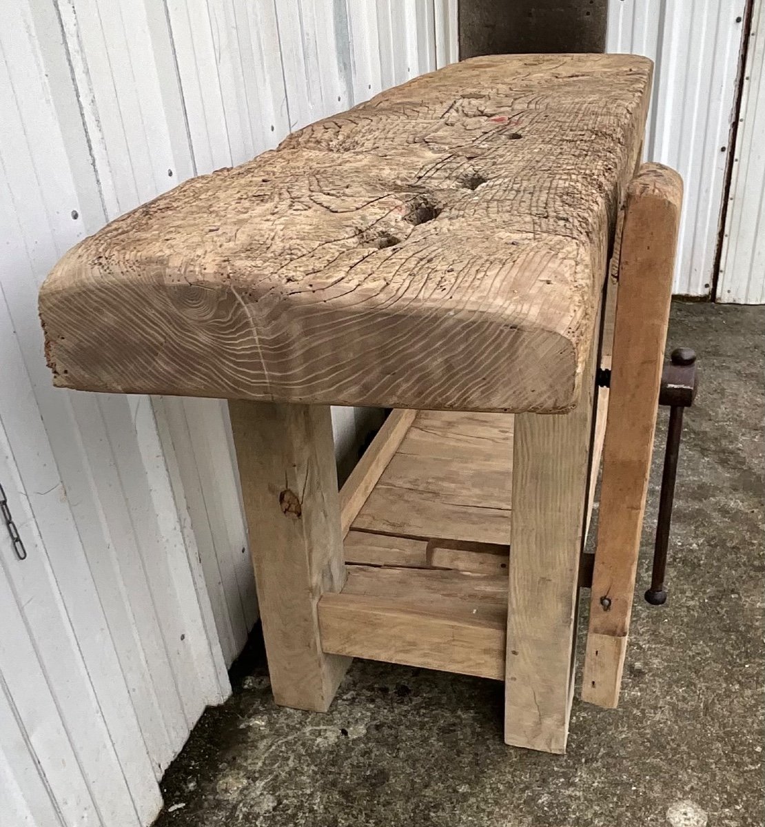 Antique French Carpenter's Workbench Oak And Ash Work Table With Press And Shelf-photo-6