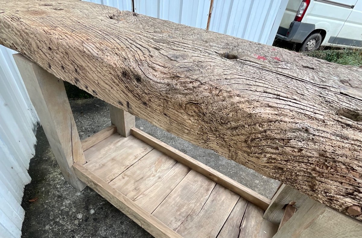 Antique French Carpenter's Workbench Oak And Ash Work Table With Press And Shelf-photo-3