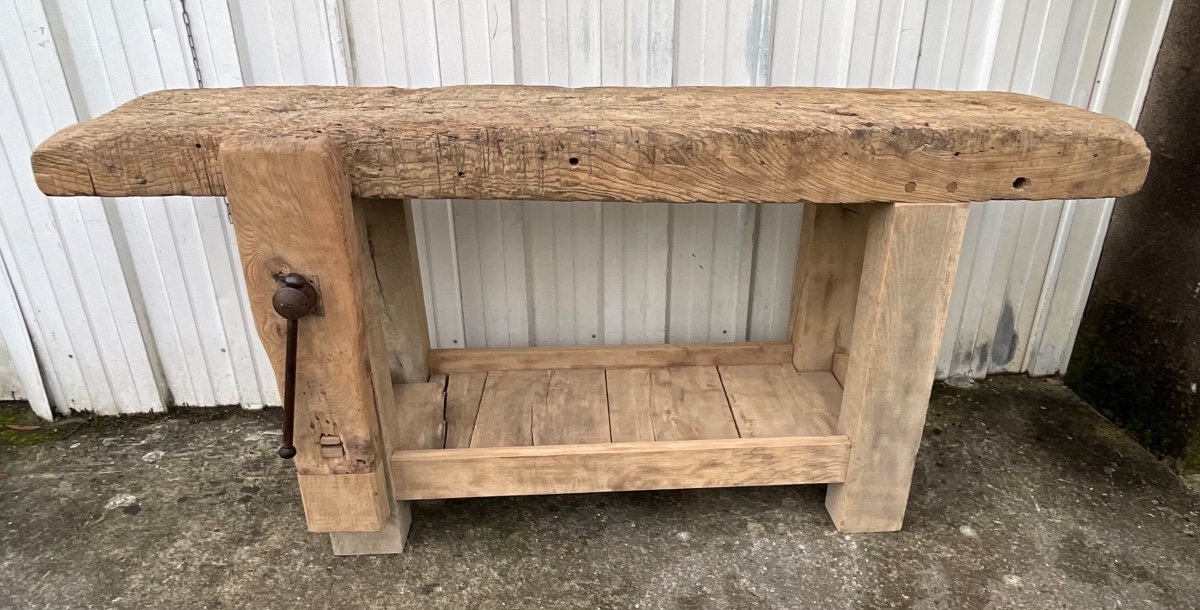 Antique French Carpenter's Workbench Oak And Ash Work Table With Press And Shelf-photo-4