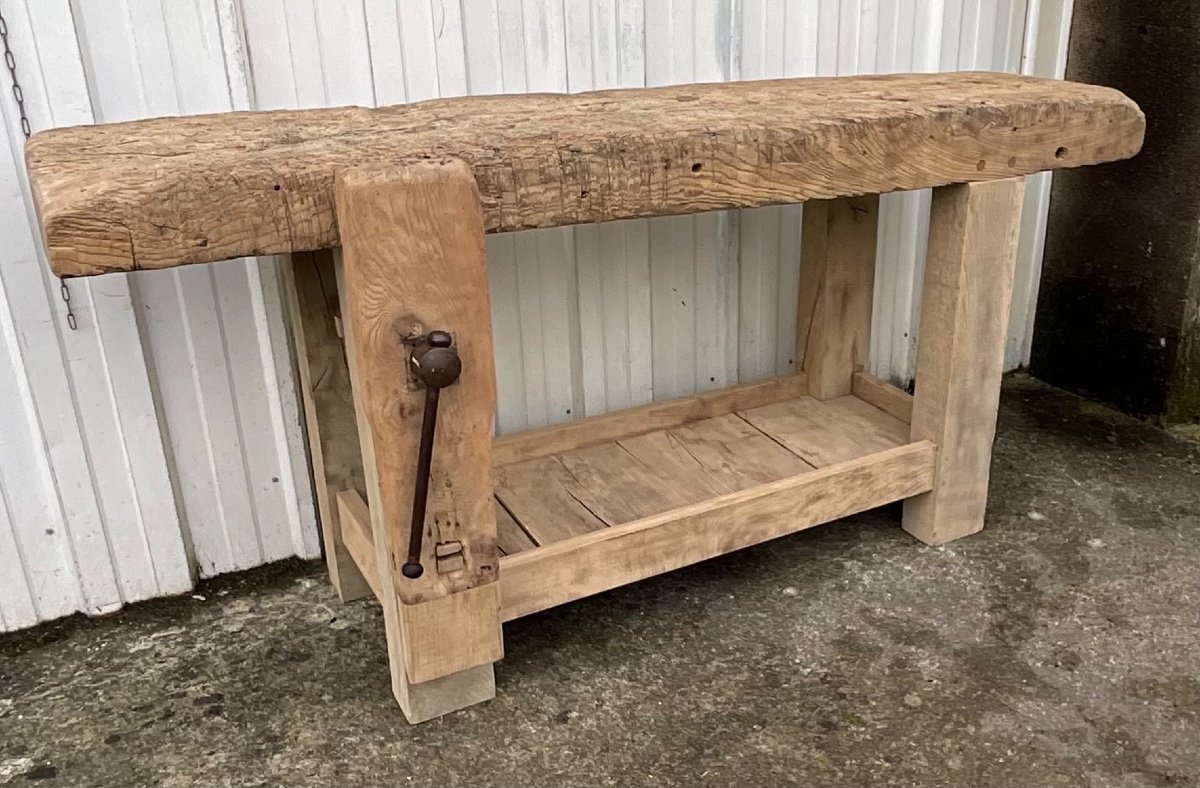 Antique French Carpenter's Workbench Oak And Ash Work Table With Press And Shelf