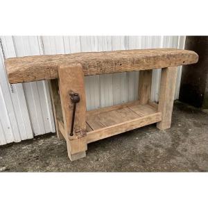 Antique French Carpenter's Workbench Oak And Ash Work Table With Press And Shelf