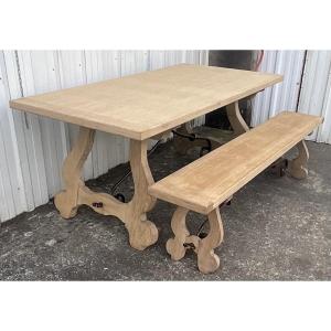 Contemporary Solid Oak Table And One Bench Set