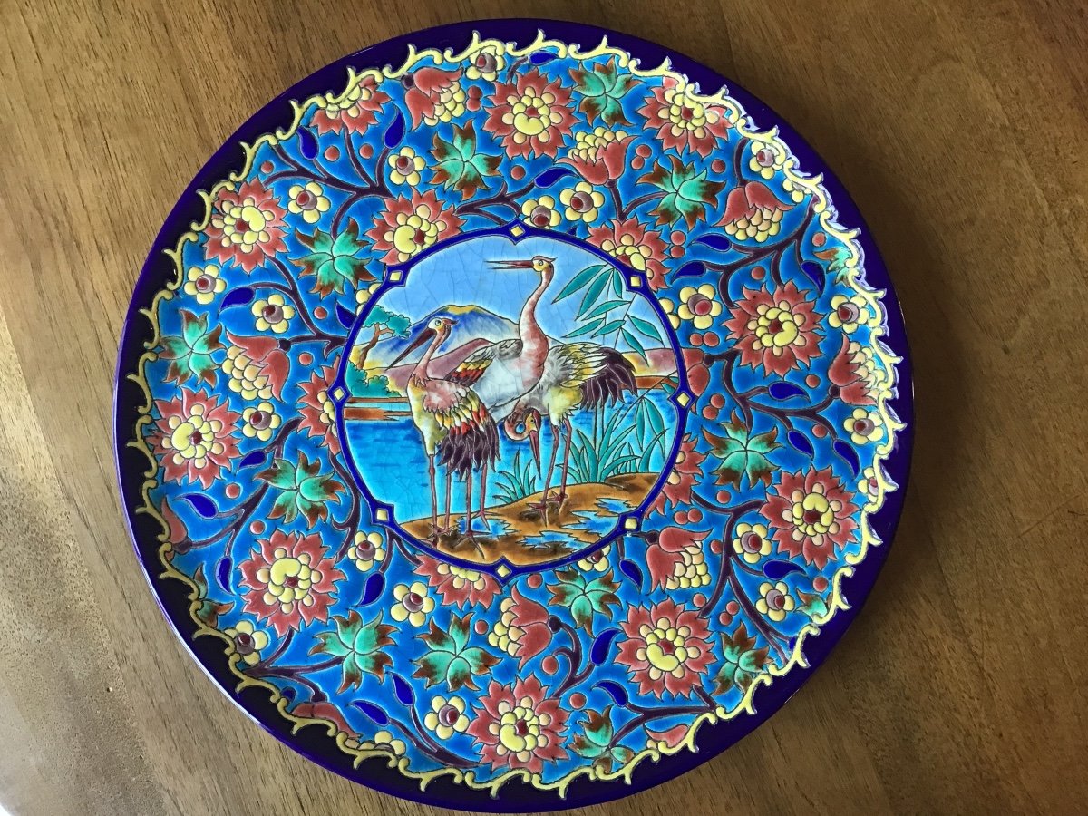 Longwy Dish, Hand Decorated With Waders. Enhanced By Gm.