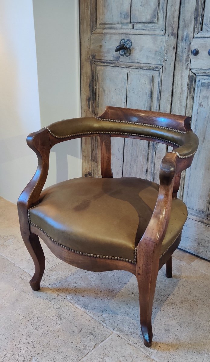 Office Armchair In Walnut And Leather, 19th Century