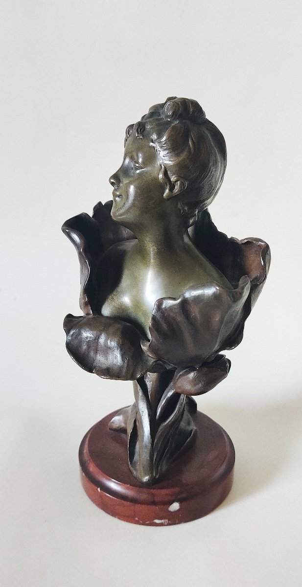 Art Nouveau Bronze Bust "flower Woman" By Henri Godet.-photo-2
