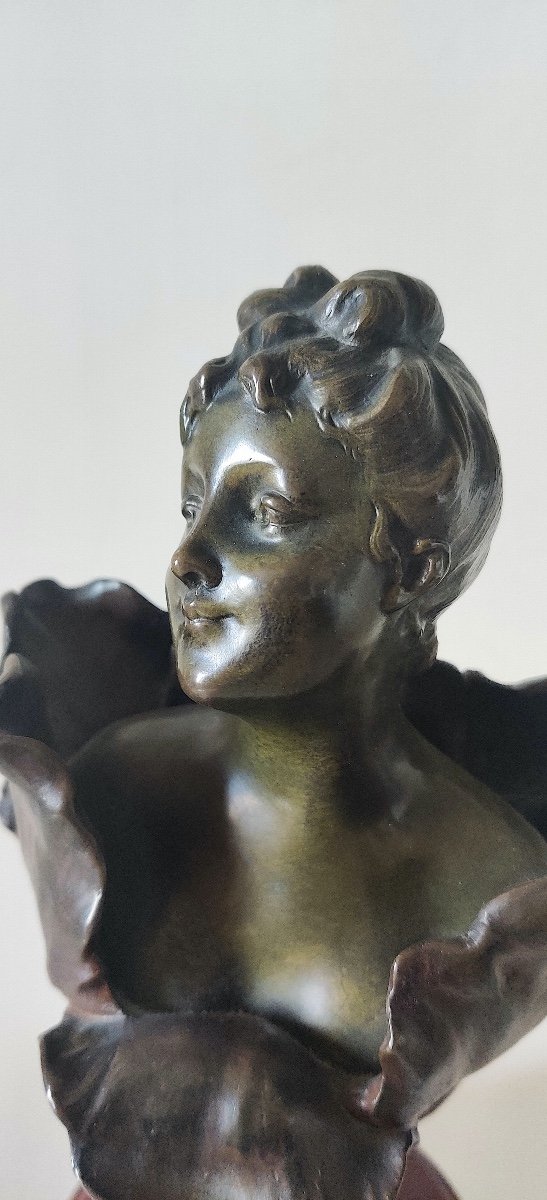 Art Nouveau Bronze Bust "flower Woman" By Henri Godet.-photo-3