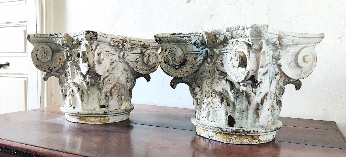 Pair Of Large Patinated Plaster Capitals, Neoclassical Work Late 18th/early 19th