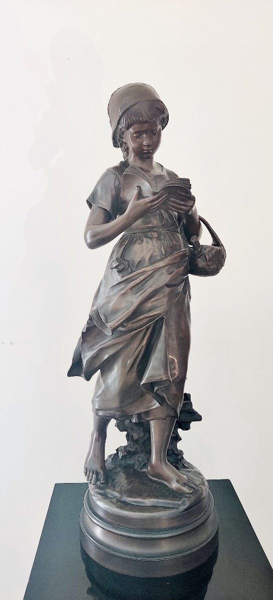 Large Bronze Sculpture "the Little Reader" Signed Mathurin Moreau, Second Half 19th Century-photo-2