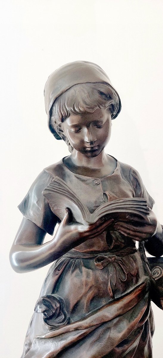 Large Bronze Sculpture "the Little Reader" Signed Mathurin Moreau, Second Half 19th Century-photo-3