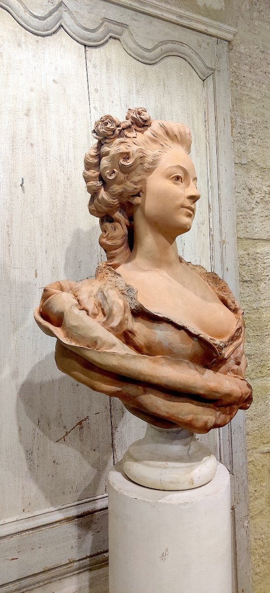 Grand buste en terre cuite "Dame de qualité XVIIIème" signé Paul Darbefeuille (ec Fr XIXème )-photo-4