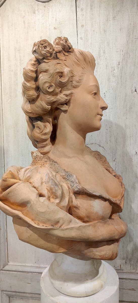 Grand buste en terre cuite "Dame de qualité XVIIIème" signé Paul Darbefeuille (ec Fr XIXème )-photo-1