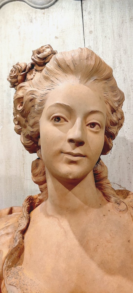 Grand buste en terre cuite "Dame de qualité XVIIIème" signé Paul Darbefeuille (ec Fr XIXème )-photo-4