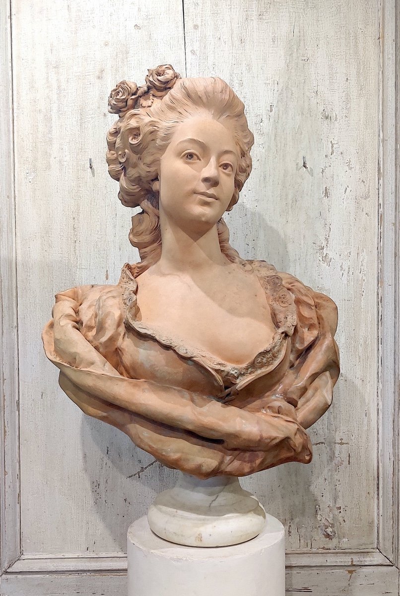 Grand buste en terre cuite "Dame de qualité XVIIIème" signé Paul Darbefeuille (ec Fr XIXème )