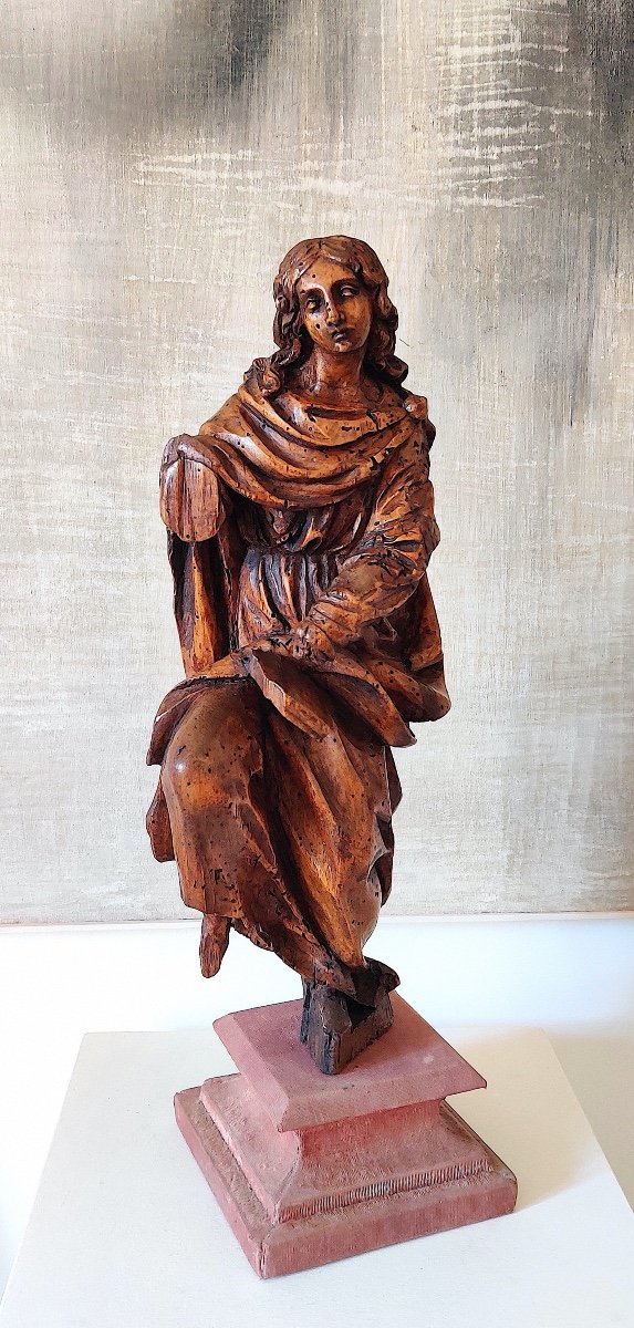 Statuette Of Saint In Carved Wood, Northern Italy, 17th Century -photo-3