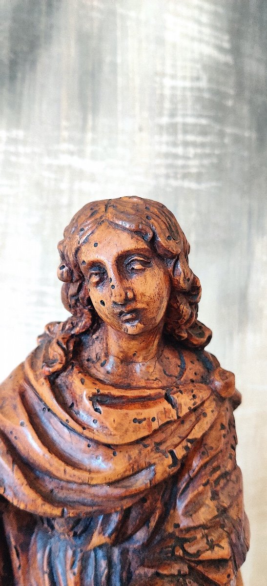 Statuette Of Saint In Carved Wood, Northern Italy, 17th Century -photo-2