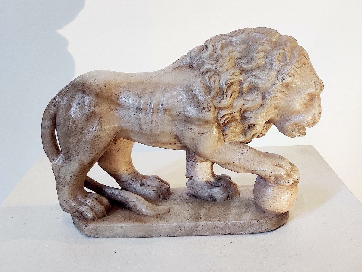 “medici” Lion In Ribboned Alabaster, Grand Tour, 19th Century-photo-1